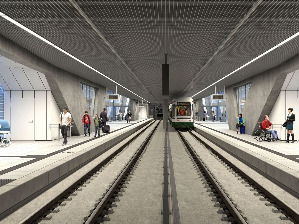 3D-Visualiserung Mobilitätsdrehscheibe Augsburger Hauptbahnhof Zentralperspektive in Gleisrichtung